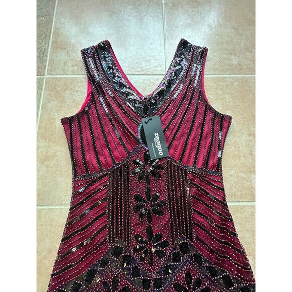 New ! ZEAGOO Tassel Sequined Vintage V Neck Flapper Cocktail Party Dress Size M - Picture 5 of 10